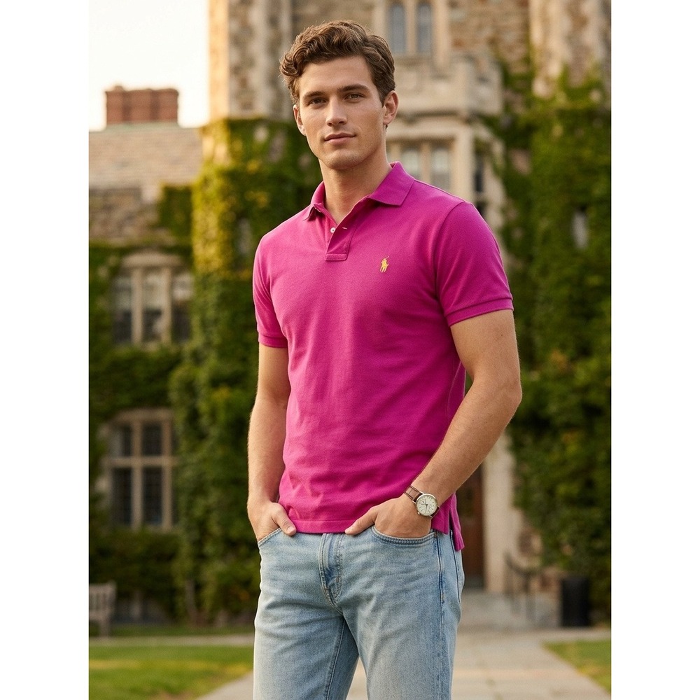 Polo Ralph Lauren Mens XL Custom Fit Polo Shirt Bright Pink Yellow Logo Pique
